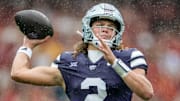 Aug 23, 2025; Dublin, IRELAND; Kansas State quarterback Avery Johnson during the Aer Lingus Classic between Iowa State and Kansas State at Aviva Stadium. Mandatory Credit: Laszlo Geczo/INPHO via Imagn Images