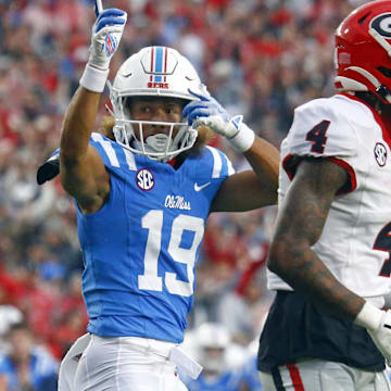 Nov 9, 2024; Oxford, Mississippi, USA; Mississippi Rebels wide receiver Cayden Lee (19) reacts after a first down catch during the first half against the Georgia Bulldogs at Vaught-Hemingway Stadium. Mandatory Credit: Petre Thomas-Imagn Images