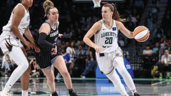 May 23, 2024; Brooklyn, New York, USA;  New York Liberty guard Sabrina Ionescu (20) looks to drive past Chicago Sky guard Marina Mabrey (4) in the first quarter at Barclays Center.