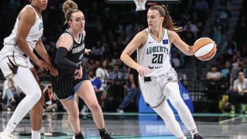 May 23, 2024; Brooklyn, New York, USA;  New York Liberty guard Sabrina Ionescu (20) looks to drive past Chicago Sky guard Marina Mabrey (4) in the first quarter at Barclays Center.