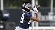 Jun 10, 2025; Houston, TX, USA; Houston Texans wide receiver Xavier Johnson (89) participates in a drill during an NFL football minicamp at NRG Stadium. Mandatory Credit: Maria Lysaker-Imagn Images 