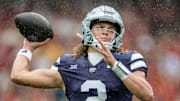 Aug 23, 2025; Dublin, IRELAND; Kansas State quarterback Avery Johnson during the Aer Lingus Classic between Iowa State and Kansas State at Aviva Stadium. Mandatory Credit: Laszlo Geczo/INPHO via Imagn Images