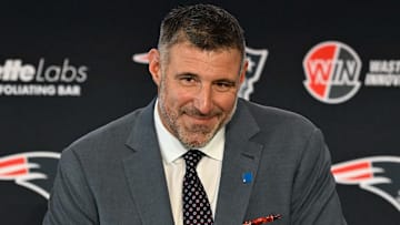 Jan 13, 2025; Foxborough, MA, USA; Mike Vrabel addresses media at a press conference to announce his hiring as the New England Patriots head coach at Gillette Stadium. Mandatory Credit: Eric Canha-Imagn Images