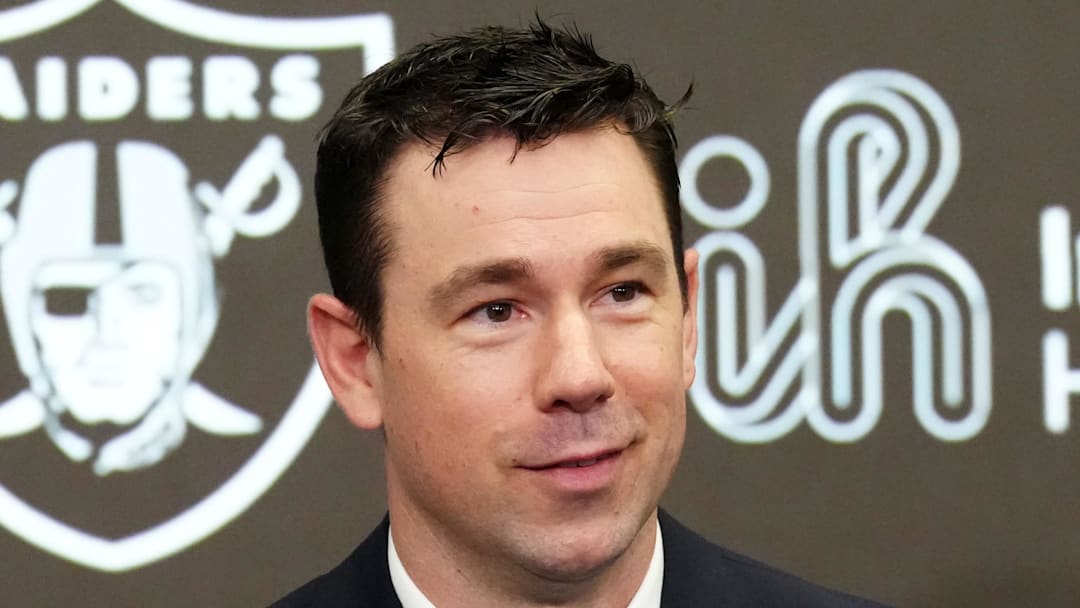 Feb 10, 2026; Henderson, NV, USA; Las Vegas Raiders coach Klint Kubiak speaks at introductory press conference at Intermountain Health Performance Center. Mandatory Credit: Kirby Lee-Imagn Images