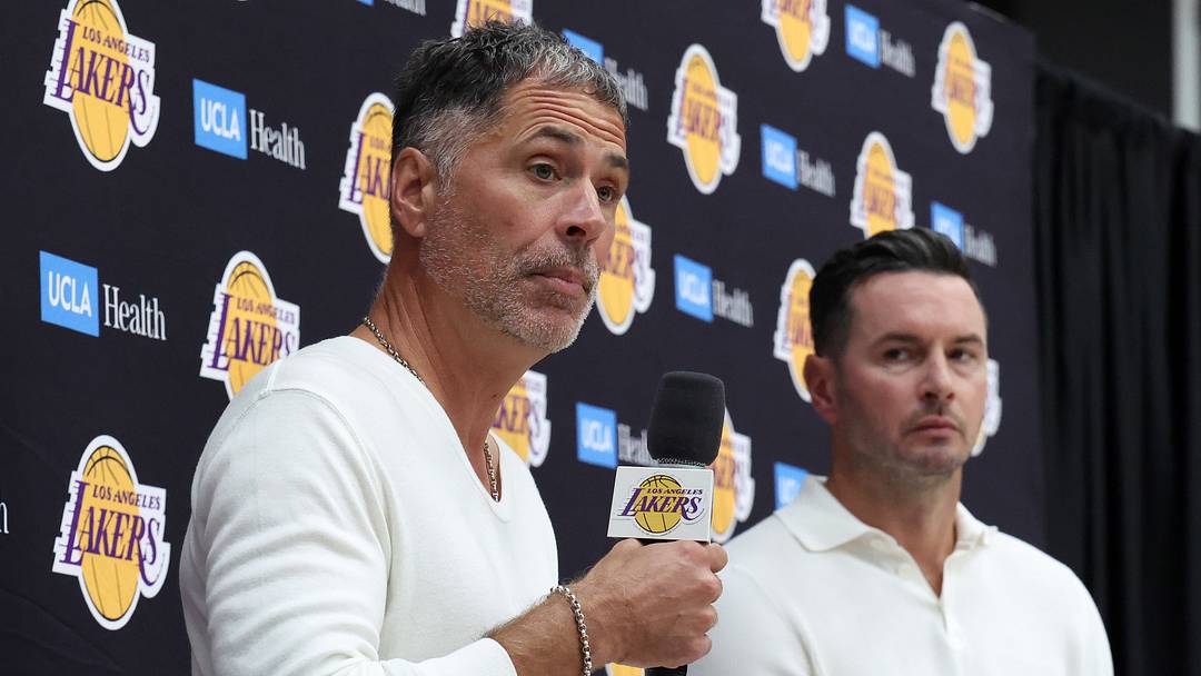 Sep 24, 2026; Los Angeles, CA, USA; Los Angeles Lakers president of basketball operations and general manager Rob Pelinka (left) and head coach JJ Redick speak to the media during a press conference at UCLA Health Training Center. Mandatory Credit: Kiyoshi Mio-Imagn Images Sep 24, 2026; Los Angeles, CA, USA; Los Angeles Lakers president of basketball operations and general manager Rob Pelinka (left) and head coach JJ Redick speak to the media during a press conference at UCLA Health Training Center. Mandatory Credit: Kiyoshi Mio-Imagn Images