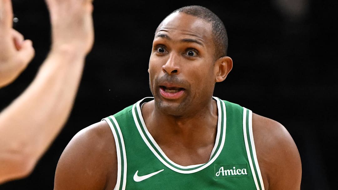 Dec 4, 2024; Boston, Massachusetts, USA; Boston Celtics center Al Horford (42) reacts after being called for a foul during the fourth quarter of a game against the Detroit Pistons at the TD Garden. Mandatory Credit: Brian Fluharty-Imagn Images