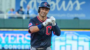 Jul 26, 2025; Kansas City, Missouri, USA; Cleveland Guardians left fielder Steven Kwan (38) celebrates while running the bases after hitting a two run home run against the Kansas City Royals in the fourth inning at Kauffman Stadium. Mandatory Credit: Denny Medley-Imagn Images
