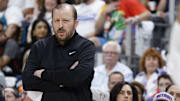 New York Knicks head coach Tom Thibodeau looks on in the first half against the Detroit Pistons. Mandatory Credit: Rick Osentoski-Imagn Images