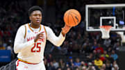 Mar 23, 2025; Seattle, WA, USA; Maryland Terrapins center Derik Queen (25) passes the ball against the Colorado State Rams in the first half at Climate Pledge Arena. Mandatory Credit: Steven Bisig-Imagn Images