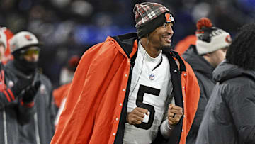 Jan 4, 2025; Baltimore, Maryland, USA; Cleveland Browns quarterback Jameis Winston (5) reacts during the game against Baltimore Ravens at M&T Bank Stadium. Mandatory Credit: Tommy Gilligan-Imagn Images