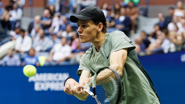 Sep 6, 2024; Flushing, NY, USA; Jannik Sinner of Italy in action against Jack Draper of Great Britain on day twelve of the U.S. Open tennis tournament at the USTA Billie Jean King National Tennis Center. Mandatory Credit: Mike Frey-Imagn Images 