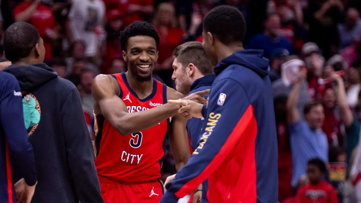 Apr 19, 2024; New Orleans, Louisiana, USA;  New Orleans Pelicans forward Herbert Jones (5) reacts to making a three point basket against the Sacramento Kings in the second half during a play-in game of the 2024 NBA playoffs at Smoothie King Center.