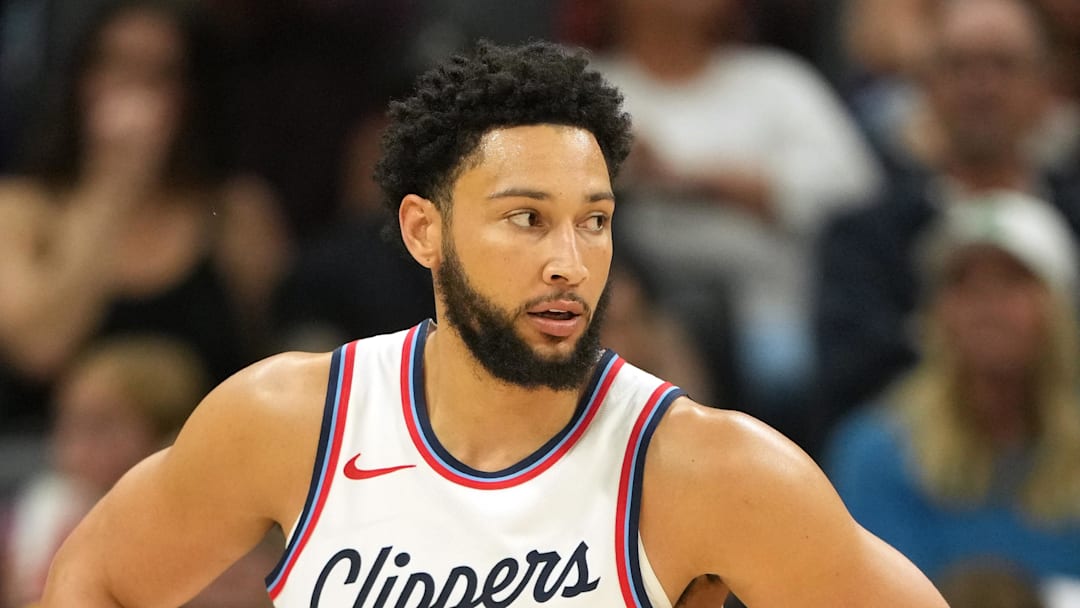 Apr 11, 2025; Sacramento, California, USA; Los Angeles Clippers guard Ben Simmons (25) during the third quarter against the Sacramento Kings at Golden 1 Center. Mandatory Credit: Darren Yamashita-Imagn Images