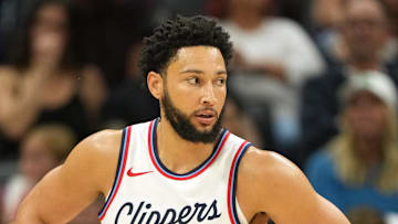 Apr 11, 2025; Sacramento, California, USA; Los Angeles Clippers guard Ben Simmons (25) during the third quarter against the Sacramento Kings at Golden 1 Center. Mandatory Credit: Darren Yamashita-Imagn Images