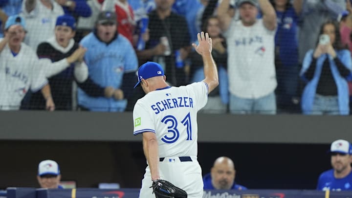 Blue Jays pitcher Max Scherzer could’ve pitched his last ball on Saturday night in the World Series. Blue Jays pitcher Max Scherzer could’ve pitched his last ball on Saturday night in the World Series.