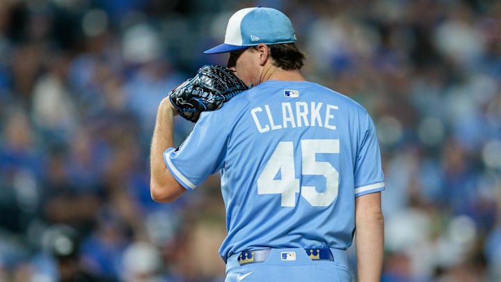 Sep 20, 2025; Kansas City, Missouri, USA; Kansas City Royals pitcher Taylor Clarke (45) on the mound during the eighth inning against the Toronto Blue Jays at Kauffman Stadium. Mandatory Credit: William Purnell-Imagn Images