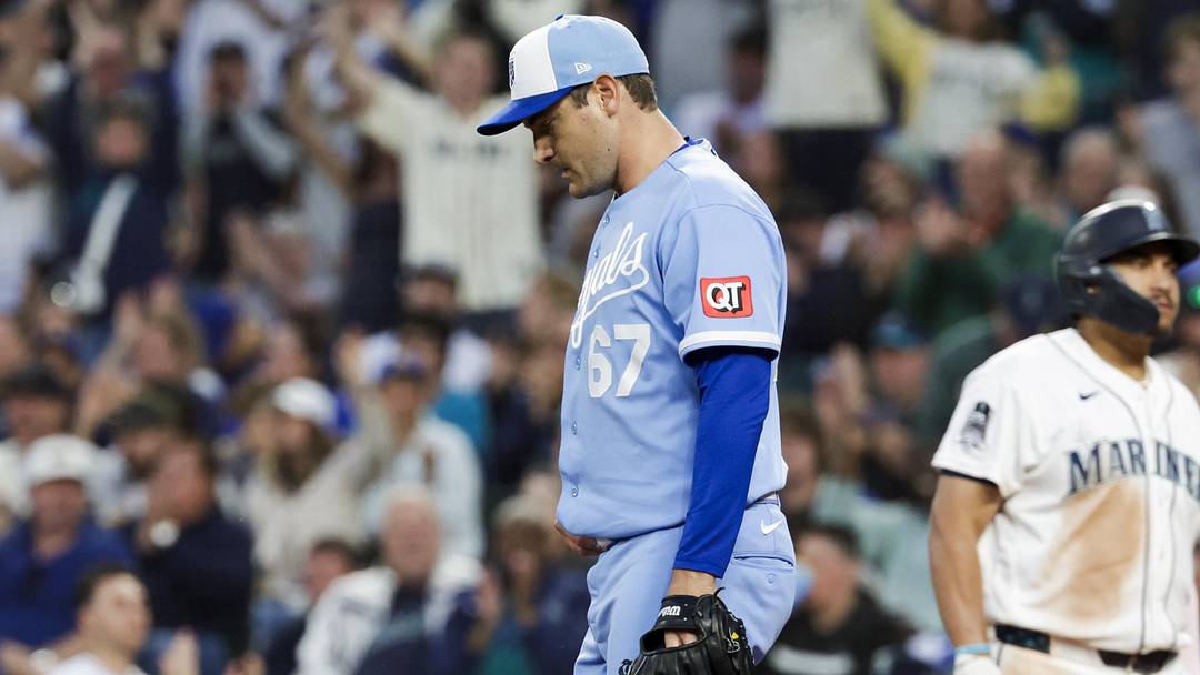 May 2, 2026; Seattle, Washington, USA; Kansas City Royals starting pitcher Seth Lugo (67) walks back to the mound after surrendering a run on a wild pitch against the Seattle Mariners during the fifth inning at T-Mobile Park. Mandatory Credit: Joe Nicholson-Imagn Images