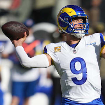 Nov 9, 2025; Santa Clara, California, USA; Los Angeles Rams quarterback Matthew Stafford (9) throws a pass during the first quarter against the San Francisco 49ers at Levi's Stadium. Mandatory Credit: Cary Edmondson-Imagn Images