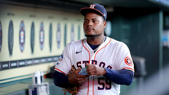 Houston Astros starting pitcher Framber Valdez (59) in the dugout prior to the game against the Pittsburgh Pirates at Minute Maid Park. Mandatory Credit: Erik Williams-Imagn Images