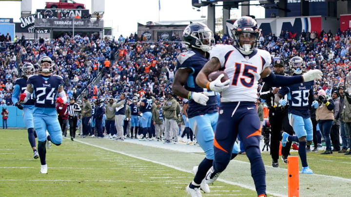 Denver Broncos wide receiver Jalen Virgil (15) runs in a touch down in the second quarter at Nissan