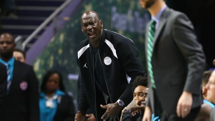 Dec 7, 2018; Charlotte, NC, USA; Charlotte Hornets team owner Michael Jordan yells in the second half against the Denver Nuggets at Spectrum Center. 