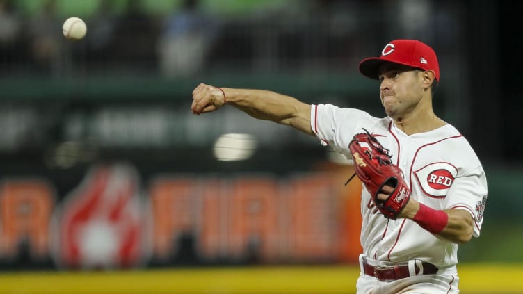 Cincinnati Reds second baseman Alejo Lopez (35) throws to first base.