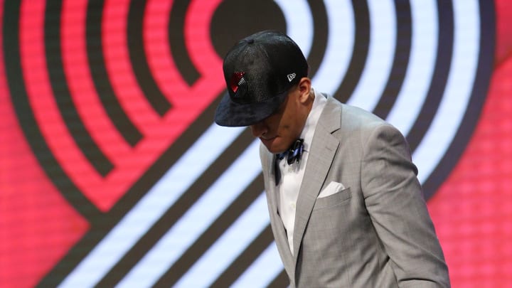 Jun 22, 2017; Brooklyn, NY, USA; Justin Jackson (North Carolina) walks off stage after being introduced as the number fifteen overall pick to the Portland Trail Blazers in the first round of the 2017 NBA Draft at Barclays Center. Mandatory Credit: Brad Penner-USA TODAY Sports