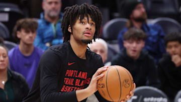 Dec 2, 2023; Salt Lake City, Utah, USA; Portland Trail Blazers guard Shaedon Sharpe (17) warms up before the game against the Utah Jazz at Delta Center. Mandatory Credit: Rob Gray-Imagn Images