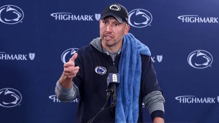 Apr 25, 2026; University Park, PA, USA; Penn State Nittany Lions head coach Matt Campbell answers questions from the media following the Penn State Blue-White Spring game at Beaver Stadium. Mandatory Credit: Matthew O'Haren-Imagn Images