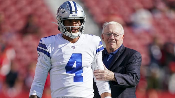 August 10, 2019; Santa Clara, CA, USA; Dallas Cowboys quarterback Dak Prescott (4) and owner Jerry