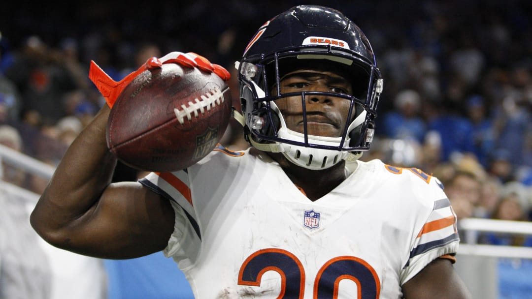 Nov 22, 2018; Detroit, MI, USA; Chicago Bears running back Tarik Cohen (29) celebrates after scoring a touchdown during the fourth quarter against the Detroit Lions at Ford Field. Mandatory Credit: Raj Mehta-USA TODAY Sports