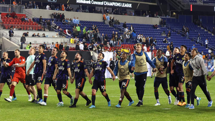 Apr 13, 2022; Harrison, NJ, USA; Seattle Sounders players acknowledge the crowd after the game