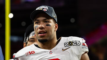 Jan 20, 2025; Atlanta, GA, USA; Ohio State Buckeyes linebacker Cody Simon (0) against the Notre Dame Fighting Irish during the CFP National Championship college football game at Mercedes-Benz Stadium. Mandatory Credit: Mark J. Rebilas-Imagn Images