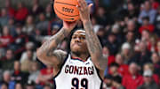Jan 2, 2025; Spokane, Washington, USA; Gonzaga Bulldogs guard Khalif Battle (99) shoots the ball against the Portland Pilots in the second half at McCarthey Athletic Center. Mandatory Credit: James Snook-Imagn Images