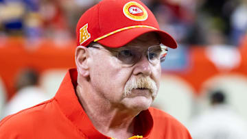 Feb 9, 2025; New Orleans, LA, USA;  Kansas City Chiefs head coach Andy Reid against the Philadelphia Eagles in Super Bowl LIX at Ceasars Superdome. Mandatory Credit: Mark J. Rebilas-Imagn Images
