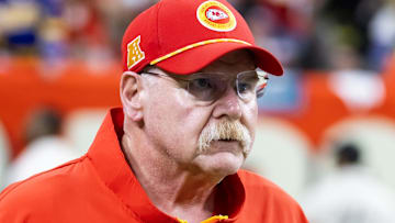 Feb 9, 2025; New Orleans, LA, USA;  Kansas City Chiefs head coach Andy Reid against the Philadelphia Eagles in Super Bowl LIX at Ceasars Superdome. Mandatory Credit: Mark J. Rebilas-Imagn Images