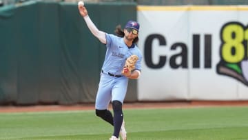 Jun 8, 2024; Oakland, California, USA; Toronto Blue Jays shortstop Bo Bichette (11) throws the ball to first to record an out against the Oakland Athletics in the eighth inning at Oakland-Alameda County Coliseum. Mandatory Credit: Cary Edmondson-USA TODAY Sports