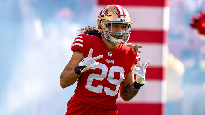November 27, 2022; Santa Clara, California, USA; San Francisco 49ers safety Talanoa Hufanga (29) before the game against the New Orleans Saints at Levi's Stadium. Mandatory Credit: Kyle Terada-Imagn Images