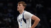 Oct 11, 2025; Dallas, Texas, USA; Dallas Mavericks forward Cooper Flagg (32) stands on the court against the Charlotte Hornets in the first half of a game at American Airlines Center. Mandatory Credit: Raymond Carlin III-Imagn Images
