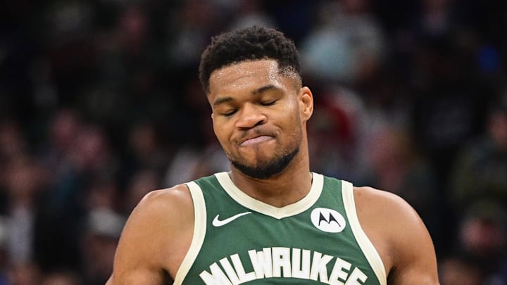 Milwaukee Bucks forward Giannis Antetokounmpo (34) reacts after missing a shot late in the fourth quarter against the Sacramento Kings at Fiserv Forum on November 1, 2025.
