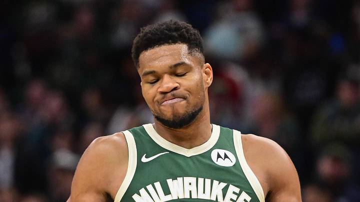 Milwaukee Bucks forward Giannis Antetokounmpo (34) reacts after missing a shot late in the fourth quarter against the Sacramento Kings at Fiserv Forum on November 1, 2025.