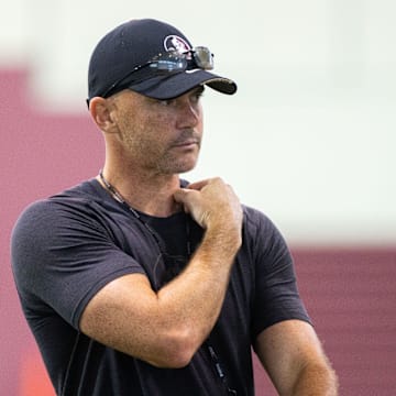 Florida State football head coach Mike Norvell leads the Seminole football practice on Wednesday, Aug. 16, 2023.