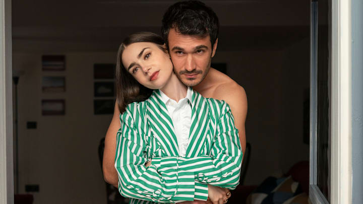 Emily in Paris. (L to R) Lily Collins as Emily, Eugenio Franceschini as Marcello in Emily in Paris. 