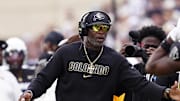 Sep 6, 2025; Boulder, Colorado, USA; Colorado Buffaloes head coach Deion Sanders during the second half against the Delaware Fightin Blue Hens at Folsom Field. 