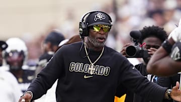 Sep 6, 2025; Boulder, Colorado, USA; Colorado Buffaloes head coach Deion Sanders during the second half against the Delaware Fightin Blue Hens at Folsom Field. 