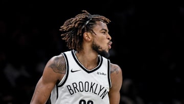 Nov 3, 2025; Brooklyn, New York, USA; Brooklyn Nets center Nic Claxton (33) reacts after scoring a basket against the Minnesota Timberwolves during the first half at Barclays Center. Mandatory Credit: John Jones-Imagn Images