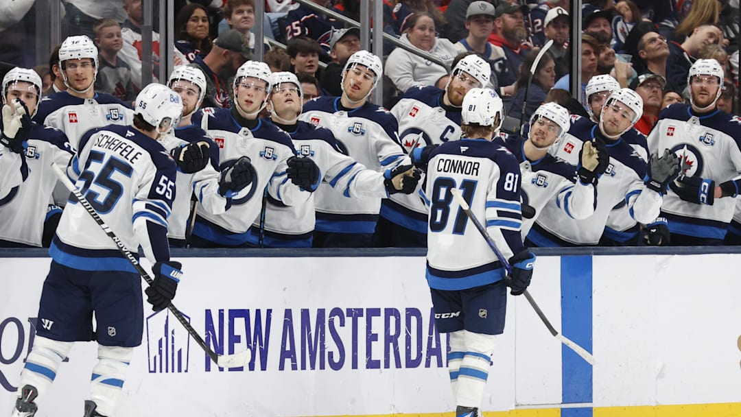 Apr 4, 2026; Columbus, Ohio, USA; Winnipeg Jets left wing Kyle Connor (81) celebrates his goal against the Columbus Blue Jackets during the third period at Nationwide Arena. Mandatory Credit: Russell LaBounty-Imagn Images