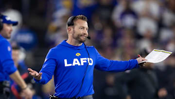 Jan 13, 2025; Glendale, AZ, USA; Los Angeles Rams head coach Sean McVay reacts against the Minnesota Vikings during an NFC wild card game at State Farm Stadium. Mandatory Credit: Mark J. Rebilas-Imagn Images