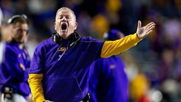 Nov 23, 2024; Baton Rouge, Louisiana, USA;  LSU Tigers head coach Brian Kelly reacts to a play against the Vanderbilt Commodores during the second half at Tiger Stadium. Mandatory Credit: Stephen Lew-Imagn Images