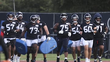 Jul 24, 2025; Houston, TX, USA; Houston Texans offensive linemen during training camp at Houston Methodist Training Center. Mandatory Credit: Troy Taormina-Imagn Images